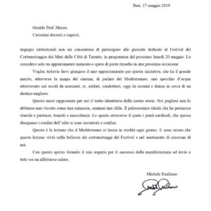 Il saluto di Michele Emiliano, Presidente della Regione Puglia