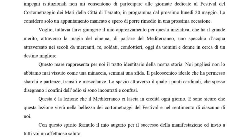 Il saluto di Michele Emiliano, Presidente della Regione Puglia